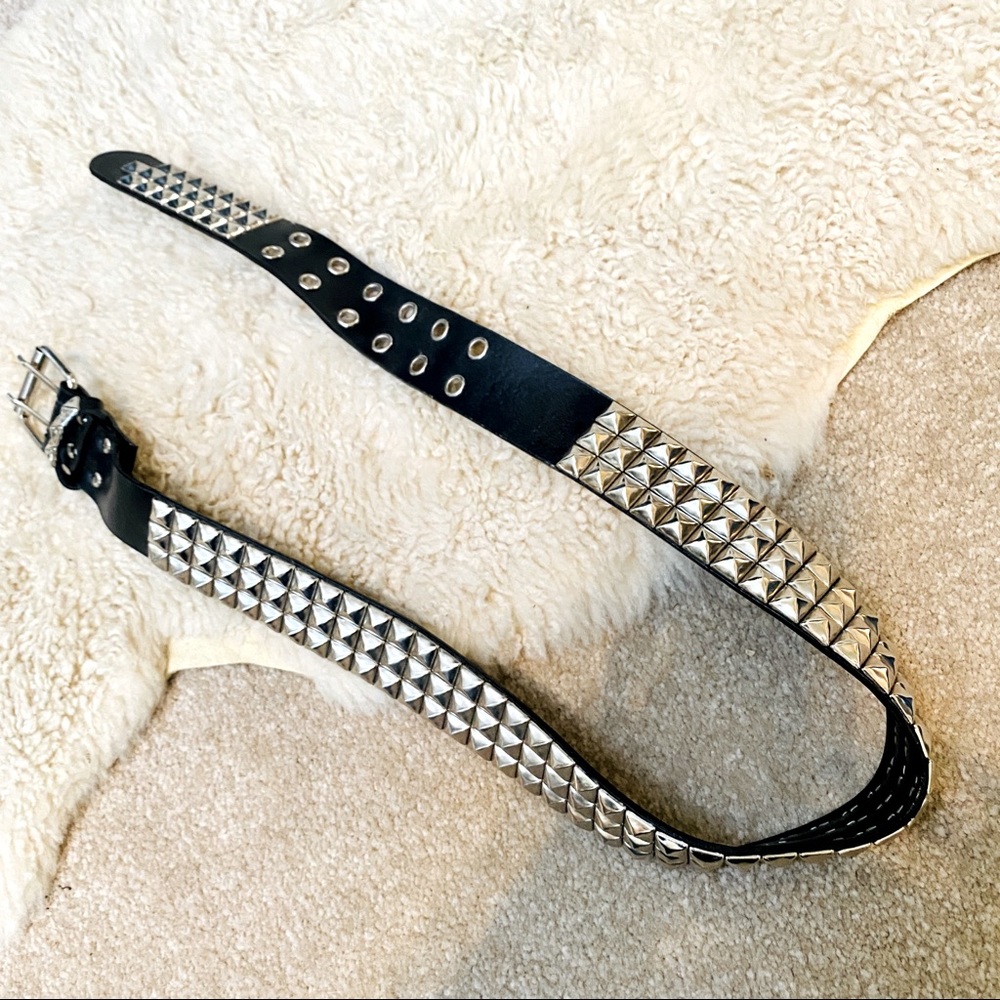 Faux black leather studded punk rock goth waist belt with silver metal accents